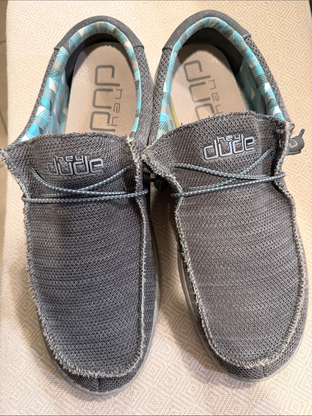 Hey Dude Gray Knit Slip-On Shoes with Teal Lining